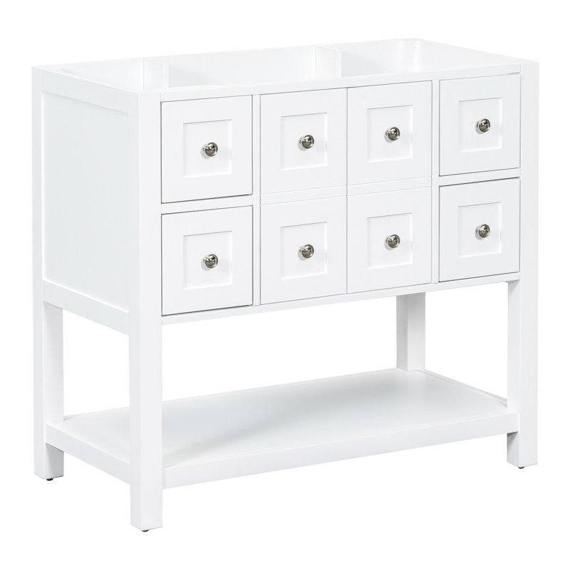 Armoire de salle de bain autoportante 36 po, charnières réglables à 4 tiroirs en bois massif et apparence élégante, White