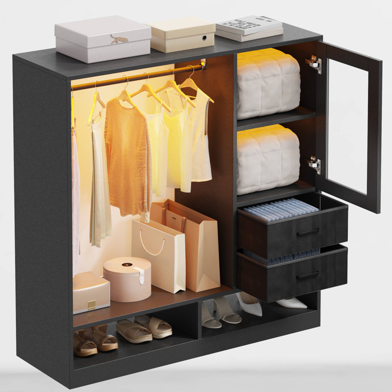  Dresser with Hanging Rack, Clothes Rack Dresser for Bedroom with LED Lights, Dresser with Fabric Drawers and Glass Cabinet, Chest of Drawer for Hallway, Living Room,Black