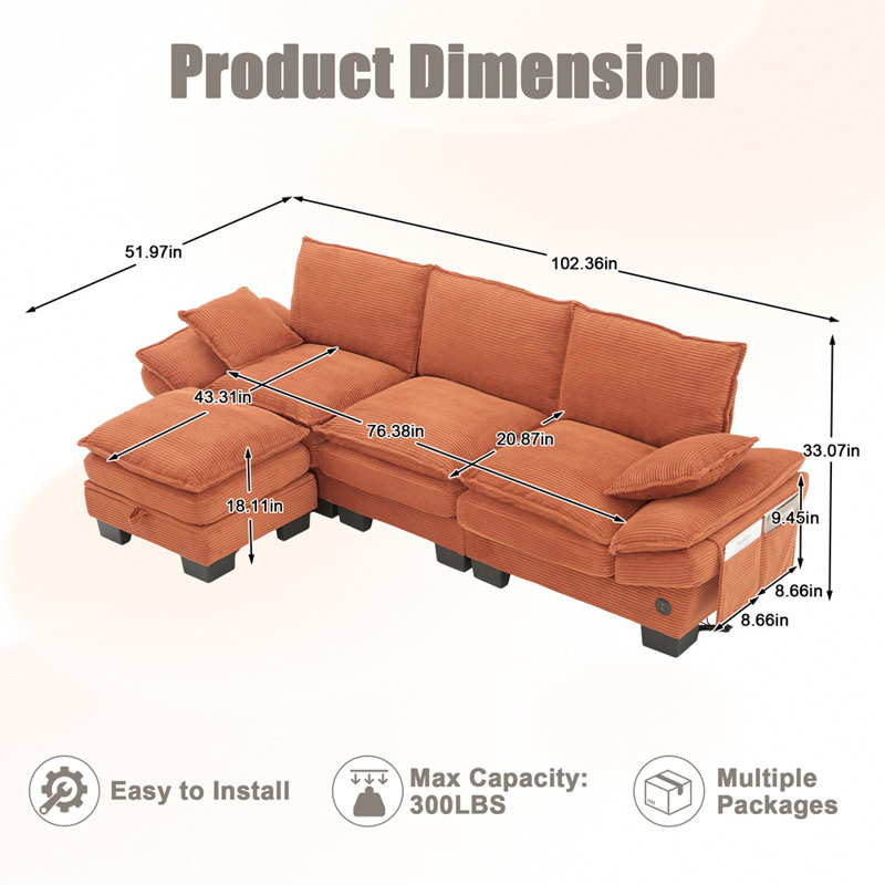 Canapé modulaire modulaire, canapé à assise profonde, canapé en velours côtelé, meubles rembourrés confortables pour le salon, appartement, studio, bureau, ayant plusieurs combinaisons