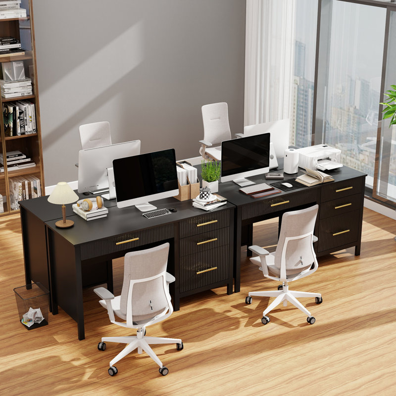 Modern Executive Desk with File Drawers, Wood Home Office Desk with Storage Drawers, Black