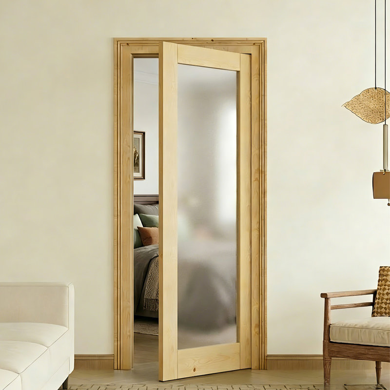 Interior Door Slab with Matching Frame - 1 Lite Frosted Glass Solid Wood Interior Door with Pine Finish, Right, 28"X 80"