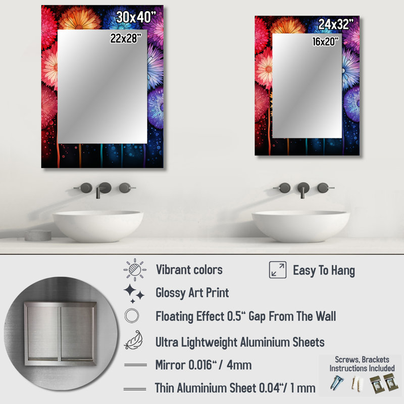 Feux d'artifice colorés colorés - miroir mural abstrait, miroir décoratif moderne, impression d'art en métal, 40 po x 30 po