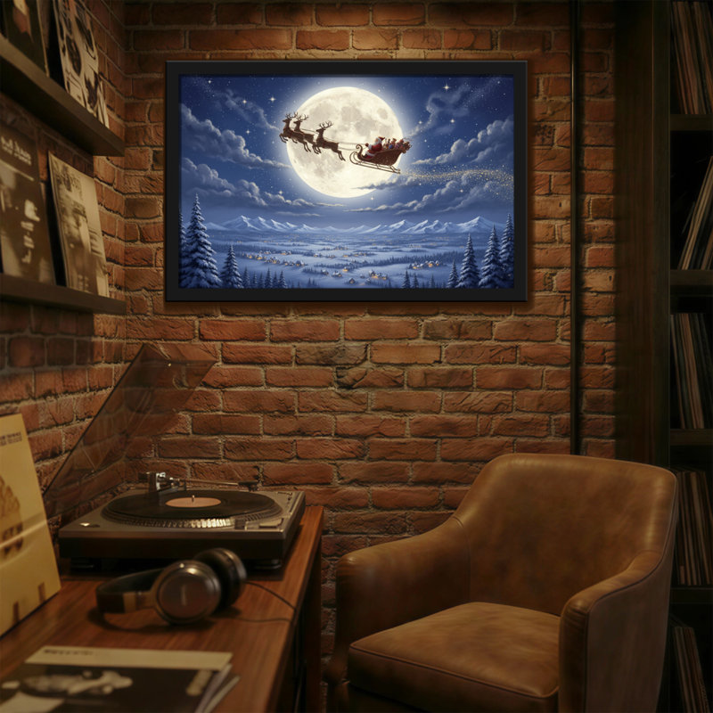 Noël, Noël, traîneau volant, renne, lune, nuit, paysage d'hiver