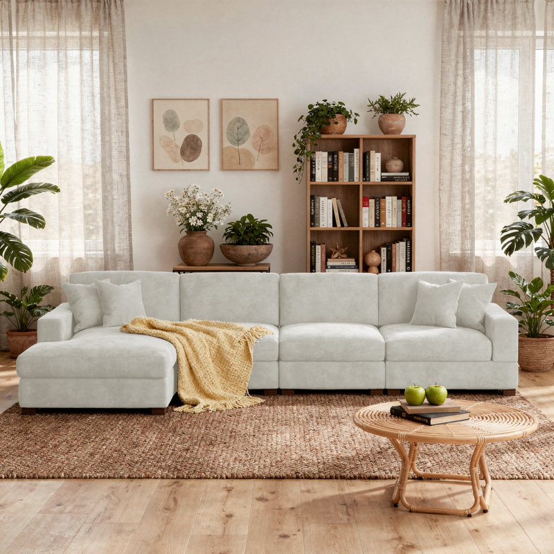 4 - Piece Upholstered Offwhite Chenille Modular Sectional Sofa with Armrests & Throw Pillows, Left Hand Facing