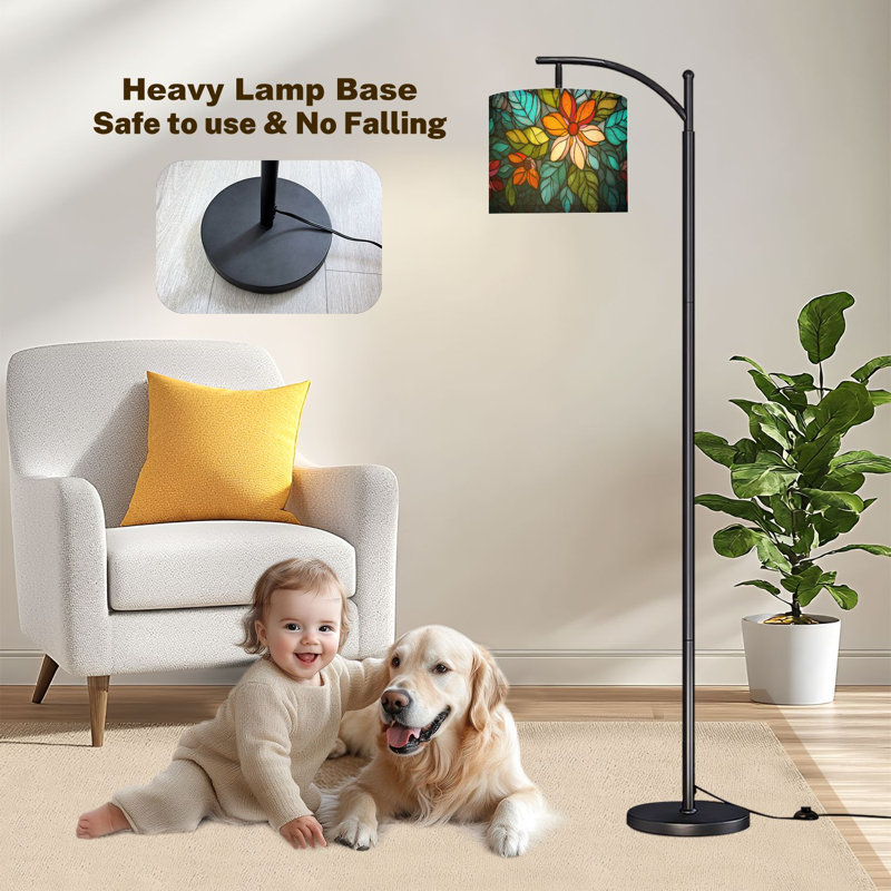 Lampe sur pied à arc avec fleurs en verre teinté et anges avec lampes à DEL et abat-jour réglables Grandes lampes debout pour le bureau de lecture