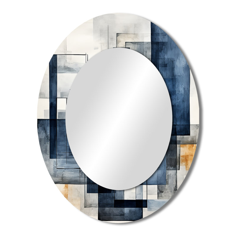 Indigo Illusion Abstract Shapes - Large Oval Wall Mirror On Metal, 43" x 33"