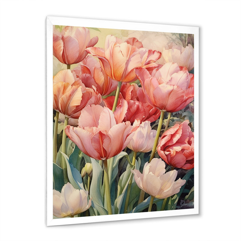 «Retro Blooming Retro Tulips Flowerfield» sur toile, H 32 po x l 16 po x P 1 po, Cadre photo blanc