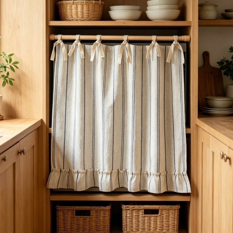 Jupe de four à rayures style ferme, rideau de porte de four décoratif en coton et lin avec attaches en ruban et ourlet à volants, rideau à rayures neutres pour cuisine et placard