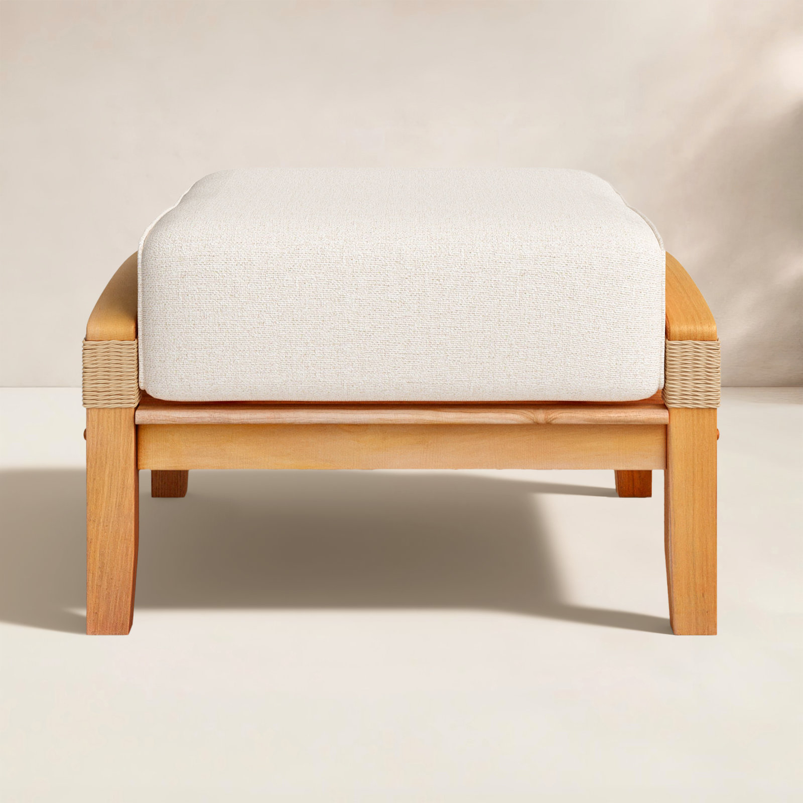 Cotesfield Teak Outdoor Ottoman with Cushion, Tan Performance Basketweave