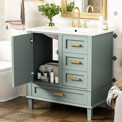 Meuble-lavabo de 30 po en bois massif, 3 tiroirs, porte à fermeture douce, lavabo en céramique lisse, poignées de corrosion pour l'organisation: armoire, charnières fermées, alliage de zinc