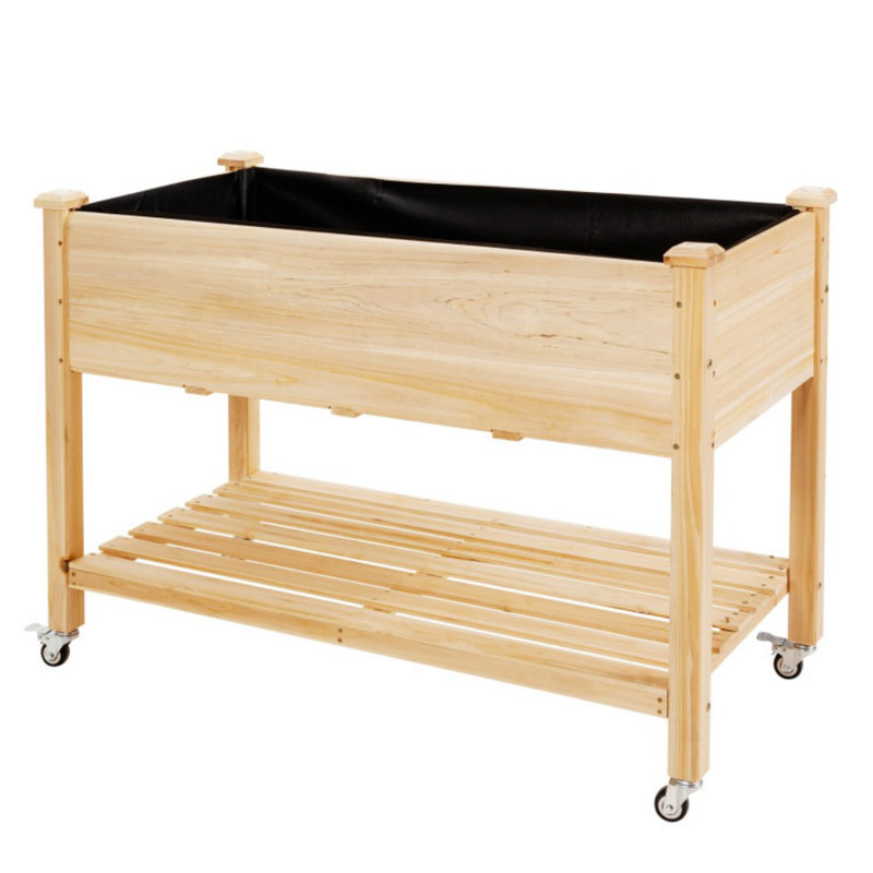 Wood Elevated Planter Bed With Lockable Wheels Shelf And Liner
