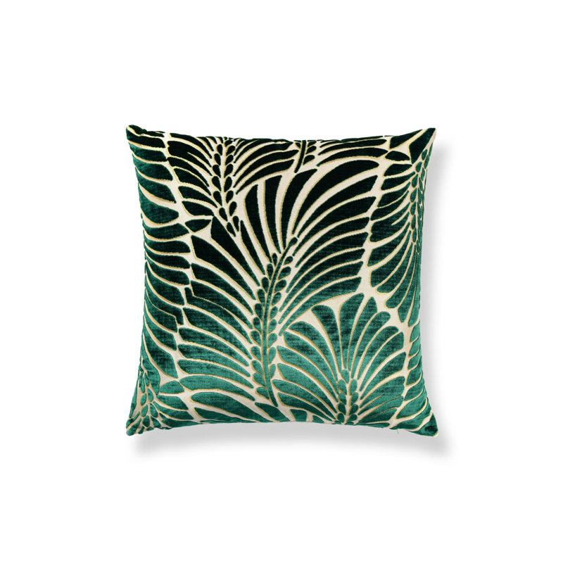 PLUMES / VELVET PILLOW, 22" H x 22" W, Square, Viridian/Beige