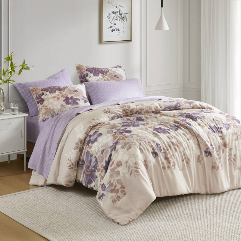 Ensemble d'édredon floral avec draps Luna, Édredon simple + 1 taie décorative + 1 taie d'or, Taupe