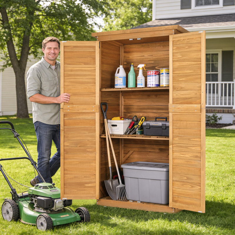  Wood Outdoor Storage Shed, 65.47" Tall Cabinet with 2 Adjustable Heavy Duty Shelves, Weatherproof Garden Tool Organizer for Patio, Lawn, Backyard & Pool Supplies