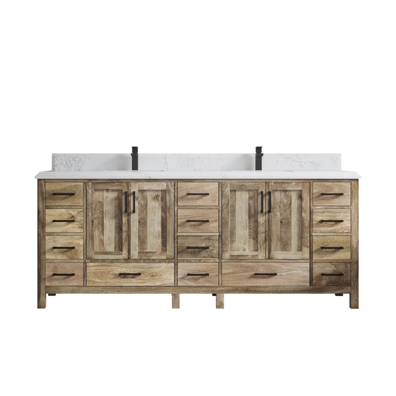 Natural Mango Wood Double Bathroom Vanity with Quartz Top