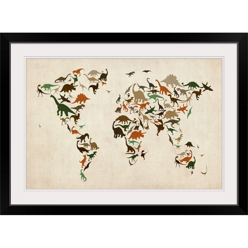 «Dinosaur Map of the World» par Correen, impression, Cadre noir, H 20 po x l 26 po x P 1 po