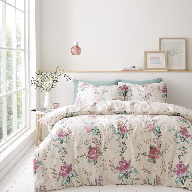 ROSE GARDEN Cotton Blend Floral Duvet Cover Set with Pillowcases Included, Cream, Double Duvet Cover + 2 Standard Pillowcases