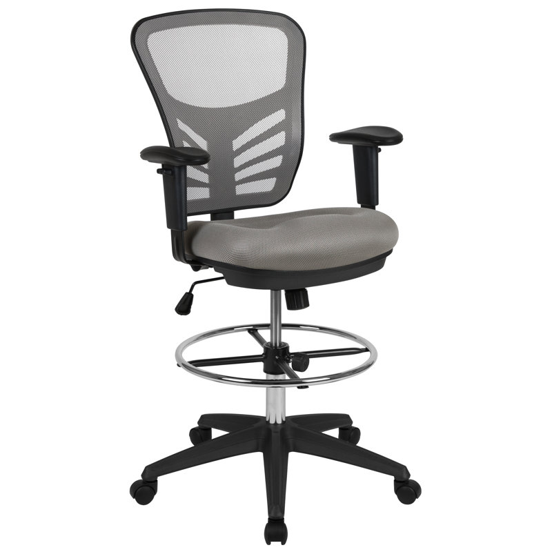 Mid-Back Mesh Ergonomic Drafting Chair with Adjustable Chrome Foot Ring, Adjustable Arms, Light Grey, Black