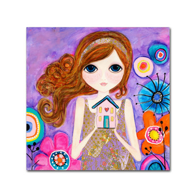 Art mural sur toile tendue - "Big Eyed Girl Home Is Where Your Heart Is" de Wyanne pour décoration de salon, de chambre à coucher ou de bureau - 18 x 18