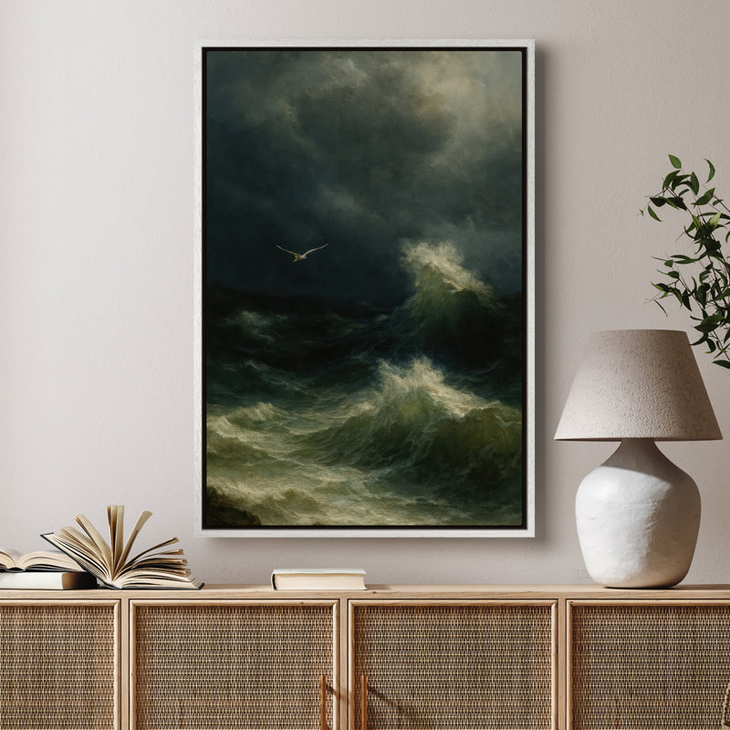 Framed Canvas Wall Art - Wave And Bird Wall Prints for Bedroom - 24"x36", 36" H x 24" W, White