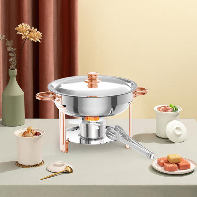 Chafing Dish for Buffet, 5QT Round Chafing Dishes Buffet Set w/Lid Holder, Stainless Steel Chafers and Food Warmers with Spoon and Tweezers for Parties, Weddings, Events, Banquet, Rose Gold
