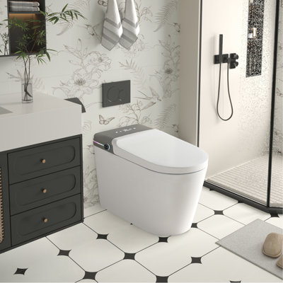 Smart Bidet Toilet With Remote Control.Raised Tankless Toilet With LED Display. Auto Open/Autoheated. Seat Toilet Bidet With Aromatherapy System. Warm Water And Dry. Off Seat Flush. Foot Sensor.