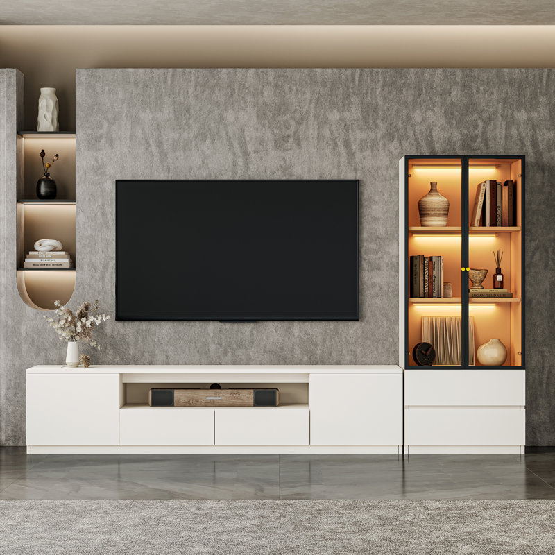 Crafton  Modern 102'' White Entertainment Center With Bookshelves TV Stand For 55/58/65/75 Inch TV, Wood Media Console Living Room Cabinet Set Includes TV Cabinet With Storage And Glass Display China Shelves With Lights