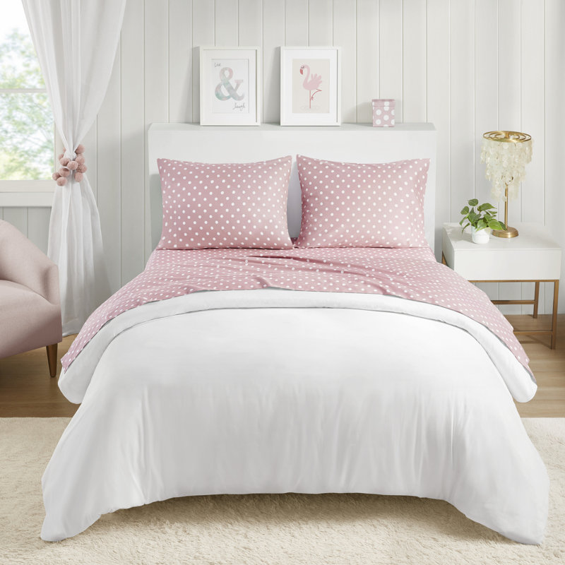 Ensemble de draps 100% coton à pois, Taie d'oreiller pour lit simple, Rose