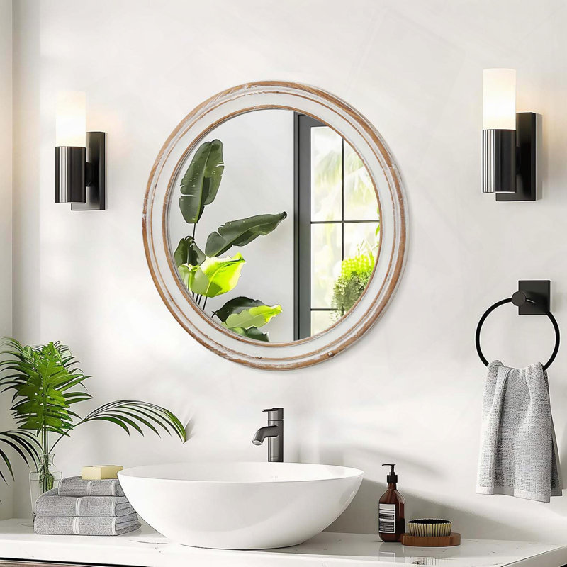 Miroir mural rond en bois, 27,56 po x 27,56 po, Chêne blanc antique