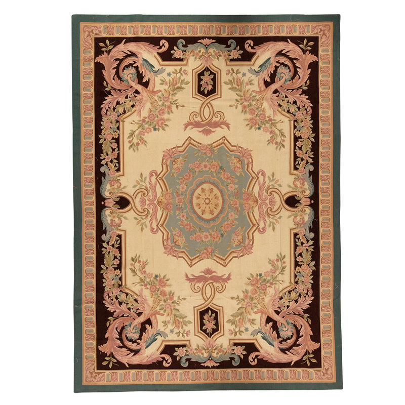Tapis unique brun / bleu / vert / rose noué à la main de haute qualité