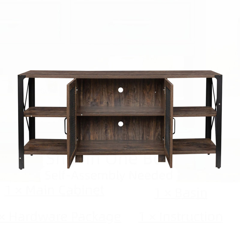 Meuble télé avec pieds en métal et tablettes ouvertes, Espresso