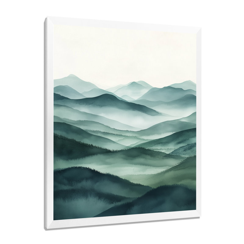 Vallée de montagne brumeuse, bleu-gris-vert - Tableau abstrait encadré, H 44 po x l 34 po, White Picture Framed