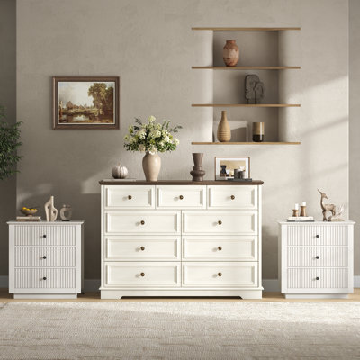 3-Piece Vintage Bedroom Storage Set with 9-Drawer Tall Chest and 2 Nightstands