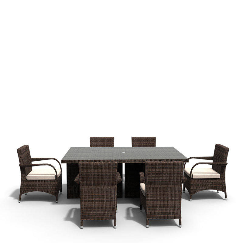 6 - Person Wicker Patio Dining Set with Rectangular Table , Cushions Included, Brown