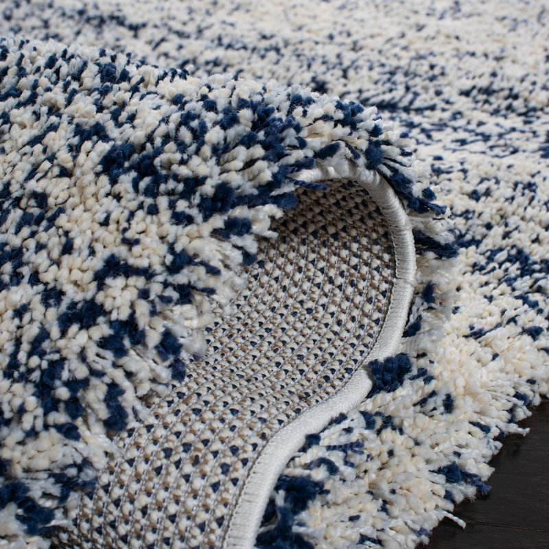 Ivory and Navy Square Shag Area Rug, 7' x 7'