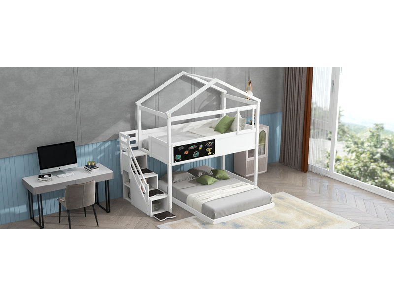  Lit superposé simple au dessus d'une maison double avec escalier de rangement et tableau noir, blanc, Blanc