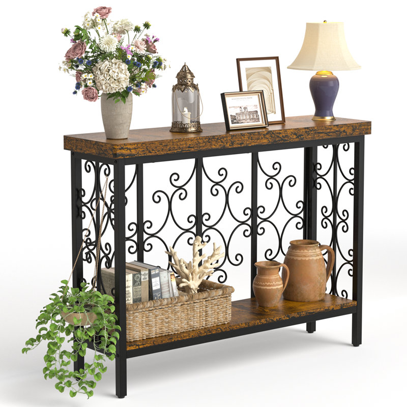 Console Table, Industrial Narrow Sofa Table Behind Couch With 2 Tier Storage Shelf, Entryway Hallway Accent Table For Living Room, Foyer, Rustic Brown