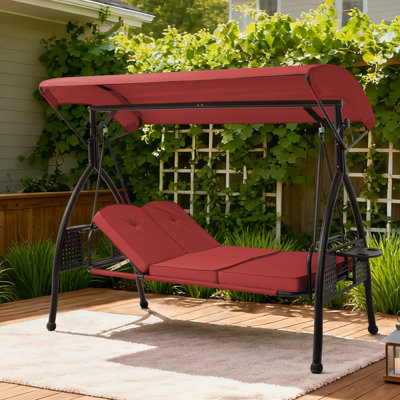 3 Seat Outdoor Porch Patio Swing With Adjustable Canopy, 3-In-1 Convertible Swing Bed With Cushion & Cup Holder For Adults, Yard Deck Garden