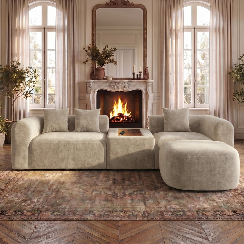 Canapé modulaire chenille modulaire avec siège de chargement USB personnalisable pour salon, Camel Chenille
