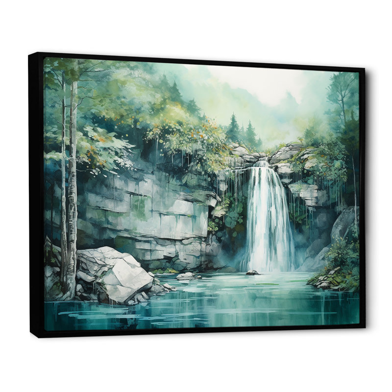 «Waterfall Cliff Scenery Magic» sur toile, H 24 po x l 32 po x P 1 po, Cadre flottant noir