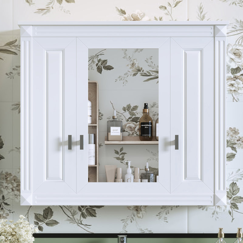 Bathroom Wall Cabinet with Mirror, White, 28.74" H x 33.78" W x 7.13" D