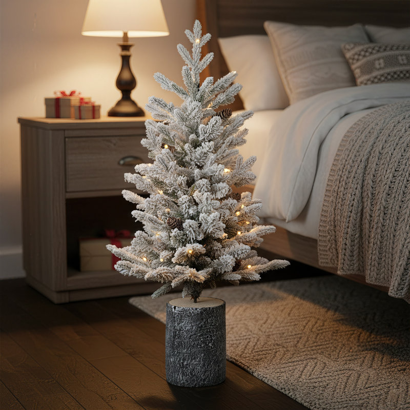 4.5Ft Single Pre-Lit Flocked Basin Christmas Tree, Snowy Faux Design, Create Immersive Holiday Vibe Effortlessly, 4.5'
