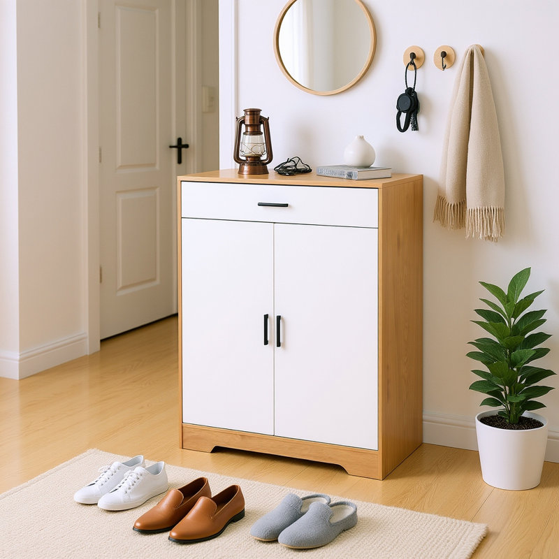 Armoire de rangement à chaussures à 4 niveaux avec tiroir, range-chaussures autoportant avec tablettes réglables et portes doubles pour vestibule, couloir, placard