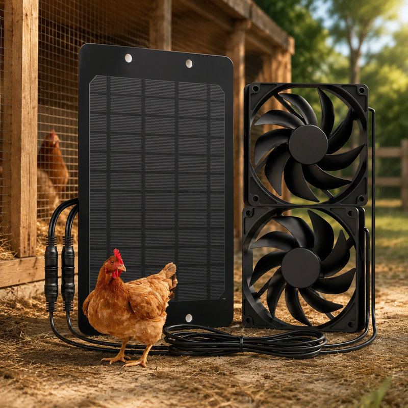 Ensemble d'extraction solaire de 15 W pour poulailler, cabanon, serre et niche pour animaux avec deux ventilateurs