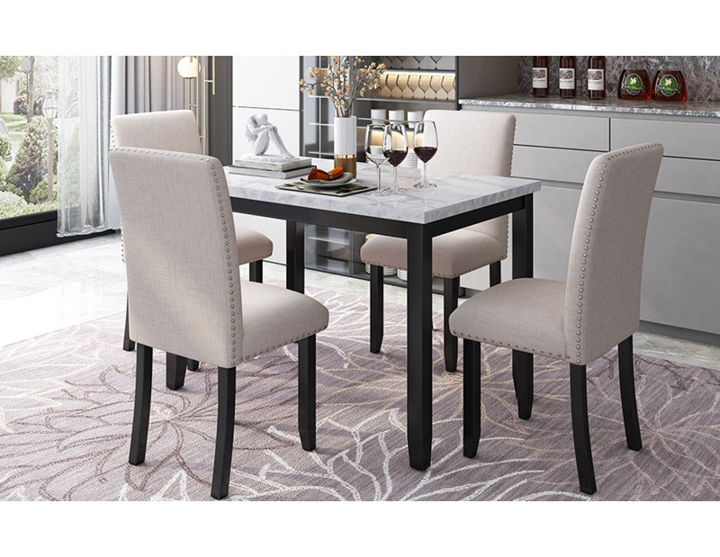 Table de salle à manger 5 pièces en faux marbre avec 4 coussins épais