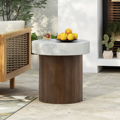 Mgo side table with antique white top and natural wood frame, compact and elegant design for living room or bedroom.