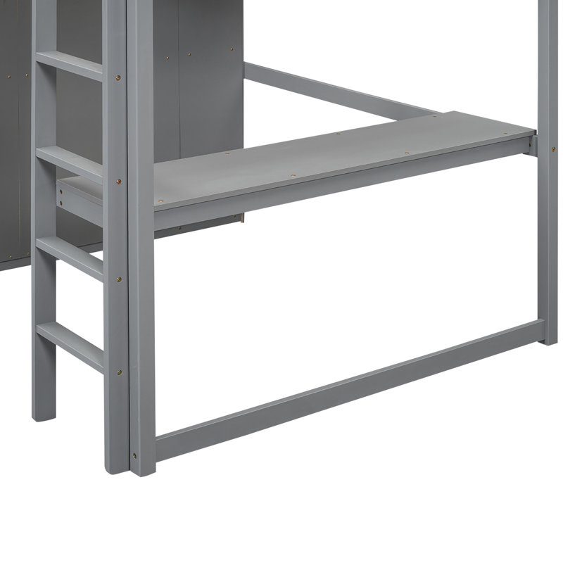 Lit mezzanine double avec garde-robe, bureau et grand espace de rangement intégré en bois massif gris, Gris