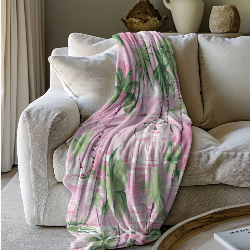 Motif de balise maritime - 1 pièce Sherpa Premium, L 50 po x L 60 po, Élégants palmiers rose-vert