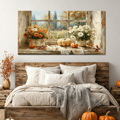 Art mural d'automne, art mural toile citrouille, images d'automne, décor de maison de campagne douillette, toile tendue avec châssis, couleur rustique, salon, chambre à coucher, entrée, entrée 30 po x 60 po