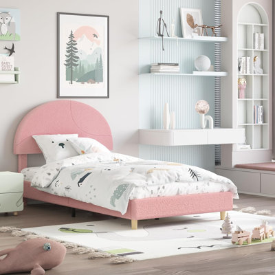 Twin Boucle Bed Frame with Soft Pink Arch Headboard, Kids Slat Platform, Easy Assembly